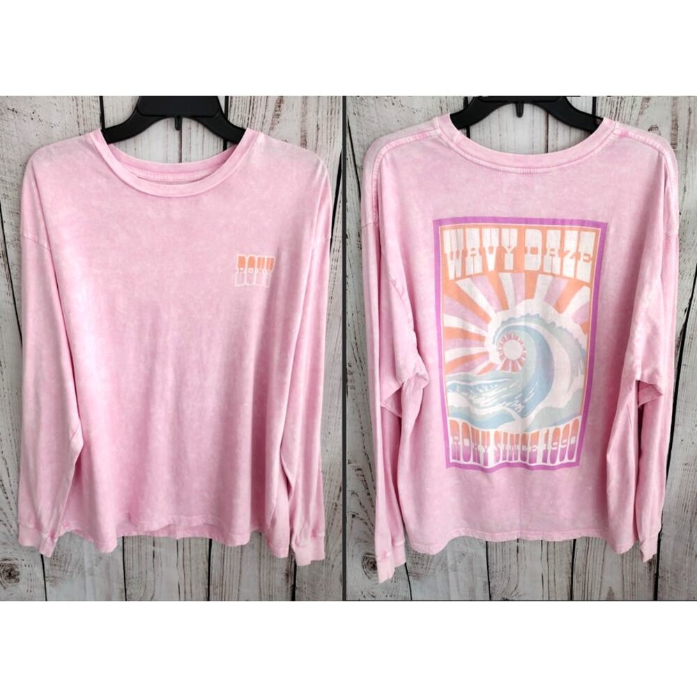 Roxy Oversized Pink Mineral Wash Wavy Daze Retro Graphic Long Sleeve Tee Medium